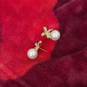 SHEIN Gold Bow Pearl Drop Earrings with Crystal Accents